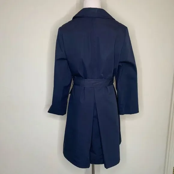 Navy Blue Vintage 70s 80s Trench Coat Horn Button Style Belted Classic Medium - Picture 2 of 15